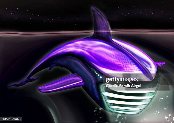futuristic nautical vessel illustration, technologic ocean vehicle - royal purple background stock illustrations