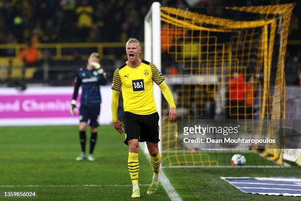 Erling Haaland of Borussia Dortmund celebrates scoring his teams second goal of the game during the Bundesliga match between Borussia Dortmund and...