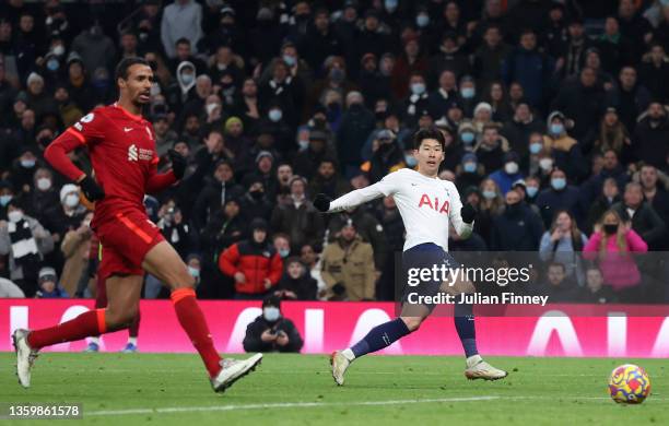 Heung-Min Son of Tottenham Hotspur scores their side's second goal during the Premier League match between Tottenham Hotspur and Liverpool at...