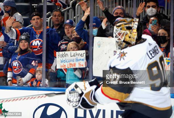 Robin Lehner of the Vegas Golden Knights returns to play against his former team, the New York Islanders at the UBS Arena on December 19, 2021 in...