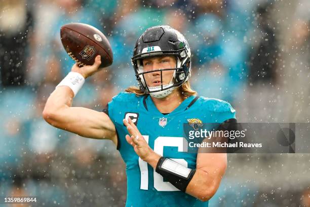 Trevor Lawrence of the Jacksonville Jaguars throws the ball during the first half against the Houston Texans at TIAA Bank Field on December 19, 2021...