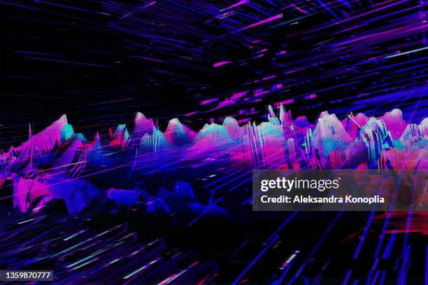 motion glitch interlaced multicolored distorted textured futuristic mountain landscape background - frequency stock pictures, royalty-free photos & images