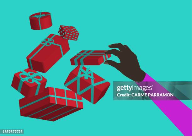 a hand taking a christmas present - chocolates box stock illustrations