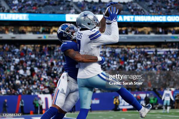 Trevon Diggs of the Dallas Cowboys intercepts a pass in the endzone that was intended for Kenny Golladay of the New York Giants during the fourth...