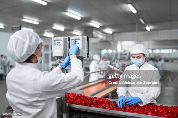 trabalhadora feminina ajusta velocidade da linha de produção na fábrica de pimenta recheada - fábrica de comida - fotografias e filmes do acervo