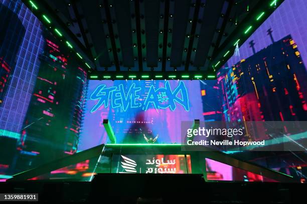 Steve Aoki performs on stage during MDLBEAST SOUNDSTORM 2021 on December 19, 2021 in Riyadh, Saudi Arabia.
