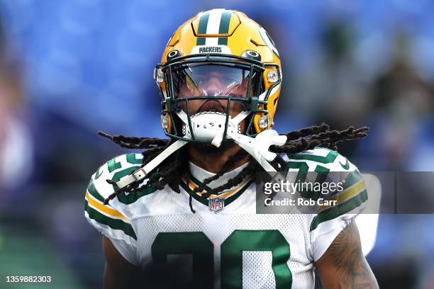 Kevin King of the Green Bay Packers warms up before the game against the Baltimore Ravens at M&T Bank Stadium on December 19, 2021 in Baltimore,...