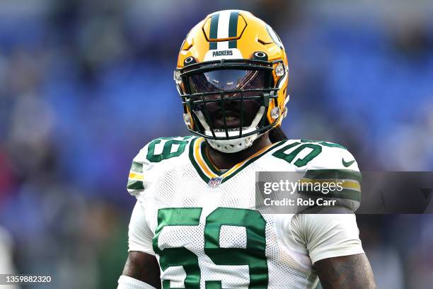 De'Vondre Campbell of the Green Bay Packers warms up before the game against the Baltimore Ravens at M&T Bank Stadium on December 19, 2021 in...