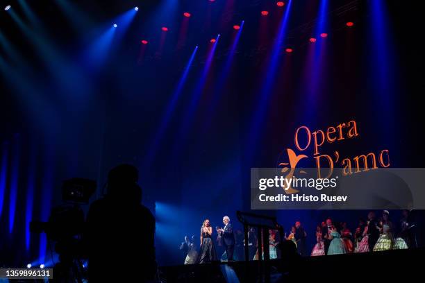 Soprano Ilina Mihaylova and tenor Jose Carreras perform during the Opera D'amore concert at Arena Armeec Hall on December 19, 2021 in Sofia,...