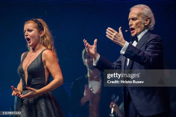 Soprano Ilina Mihaylova and tenor Jose Carreras perform during the Opera D'amore concert at Arena Armeec Hall on December 19, 2021 in Sofia,...