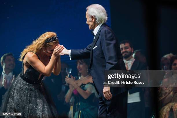 Soprano Ilina Mihaylova and tenor Jose Carreras perform during the Opera D'amore concert at Arena Armeec Hall on December 19, 2021 in Sofia,...