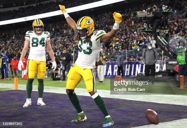 Aaron Jones of the Green Bay Packers celebrates after his touchdown reception in the third quarter against the Baltimore Ravens at M&T Bank Stadium...