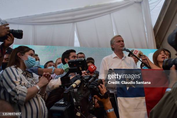 José Antonio Kast presidential candidate for the Republican Party speaks to his supporters after a defeat in the presidential runoff election on...