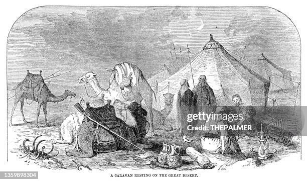 caravan resting on the great desert engraving 1867 - bedouin tent stock illustrations