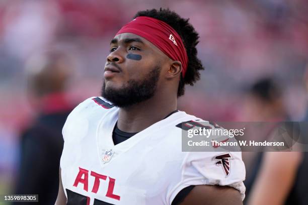 Grady Jarrett of the Atlanta Falcons looks on during the game against the San Francisco 49ers at Levi's Stadium on December 19, 2021 in Santa Clara,...