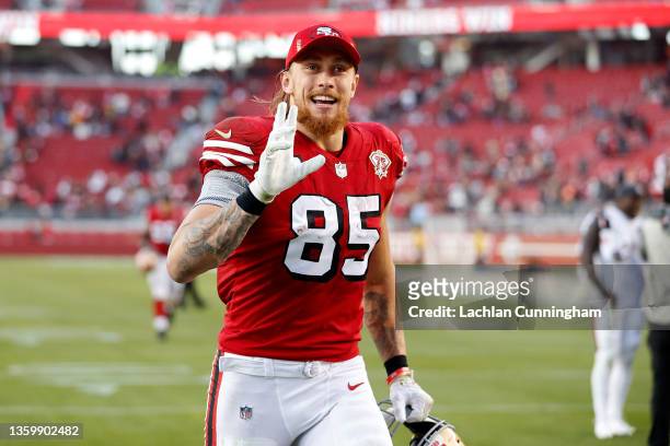George Kittle of the San Francisco 49ers celebrates after beating the Atlanta Falcons 31-13 at Levi's Stadium on December 19, 2021 in Santa Clara,...