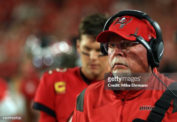 Head coach Bruce Arians and quarterback Tom Brady of the Tampa Bay Buccaneers watch from the sidelines during the game against the New Orleans Saints...