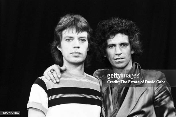 Singer Mick Jagger and guitarist Keith Richards of The Rolling Stones pose for a portrait during a rehearsal at S.I.R. Studios on June 30, 1981 in...
