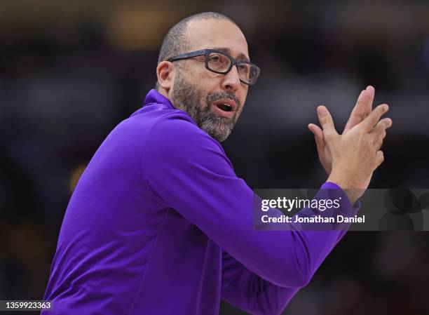 Assistant coach David Fizdale of the Los Angeles Lakers fills in for head coach Frank Vogel who was listed in Covid protocol before a game against...