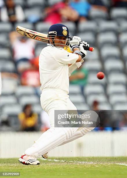 Sachin Tendulkar of India bats during day two of the International Tour match between India and the Cricket Australia Chairman's XI at Manuka Oval on...