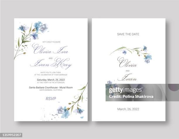 hochzeitseinladung in aquarelltechnik mit blauen blumen. - hochzeitseinladung stock-grafiken, -clipart, -cartoons und -symbole