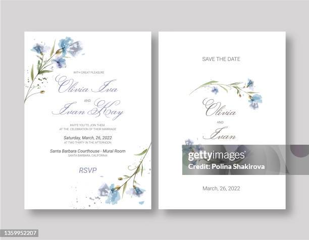 ilustraciones, imágenes clip art, dibujos animados e iconos de stock de invitación de boda en técnica de acuarela con flores azules. - wedding invitation