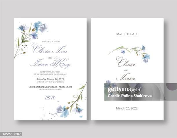 wedding invitation in watercolor technique with blue flowers. - flower invitation stock illustrations