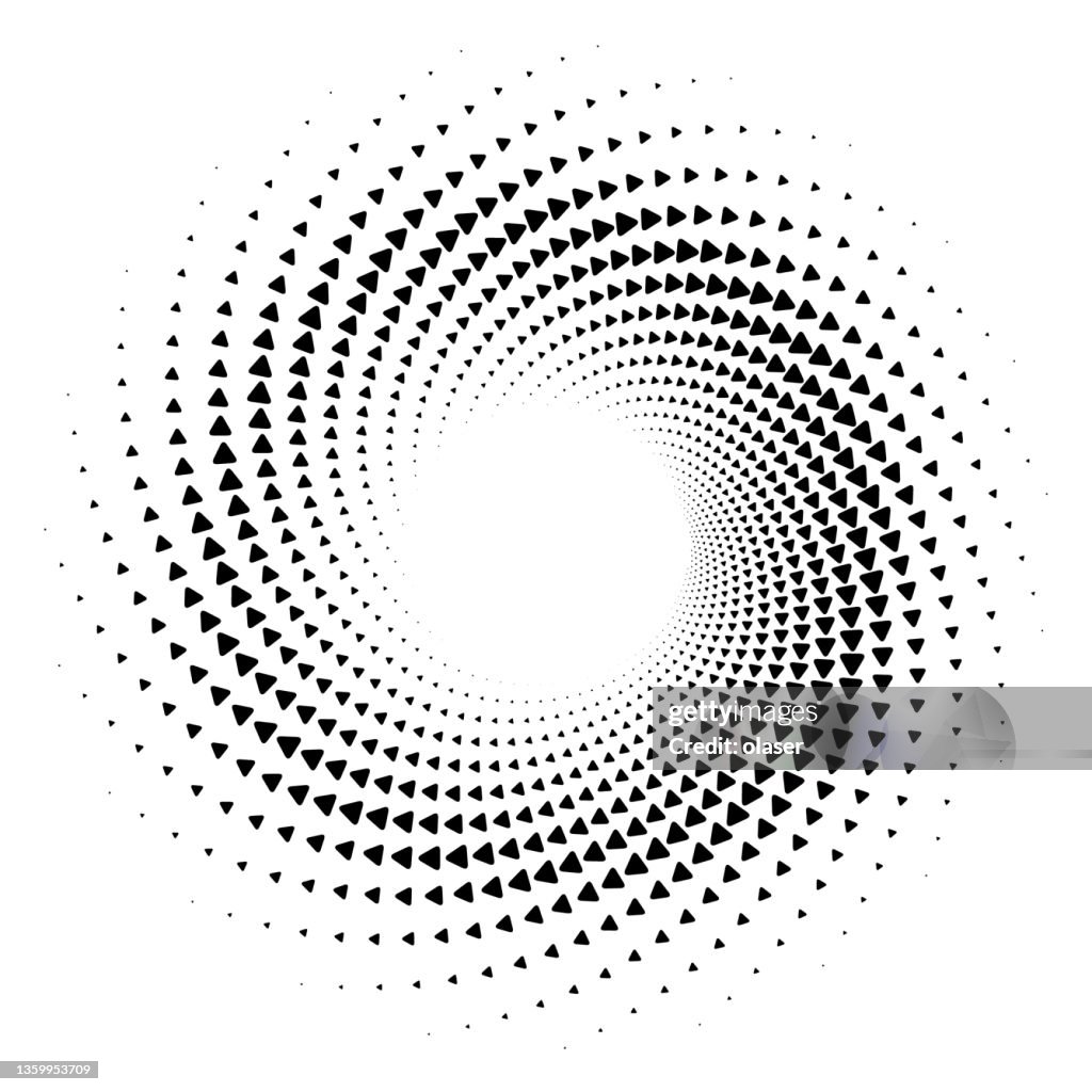 Expanding swirl pattern of rounded triangles pointing in spiral direction, on white