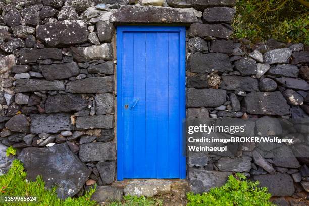 lava stone garden wall with blue front door, rocha da relva, sao miguel, azores, portugal - relva stock-fotos und bilder