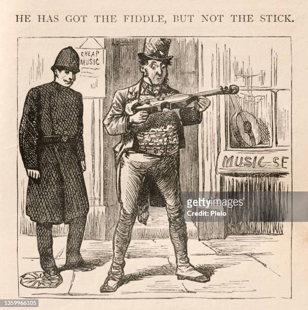 dickensian illustration of a man with a fiddle but no bow - australian street stock illustrations