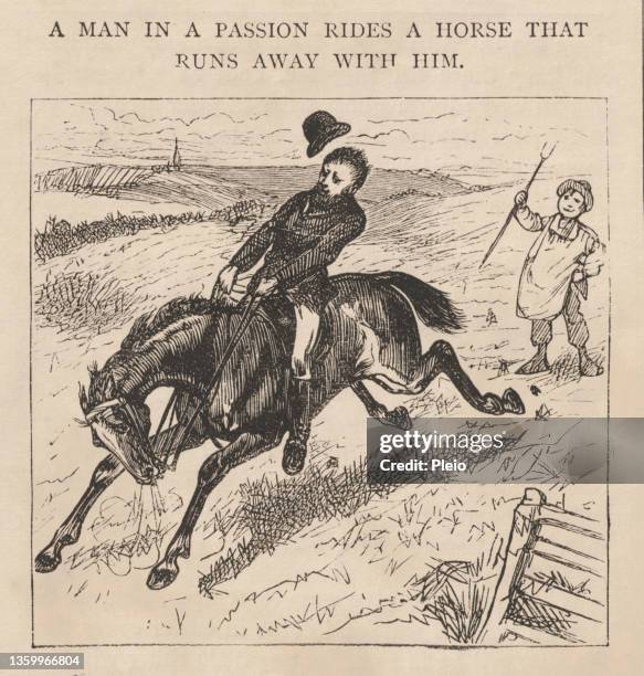 vintage illustration of man losing control of his horse - snorting stock illustrations