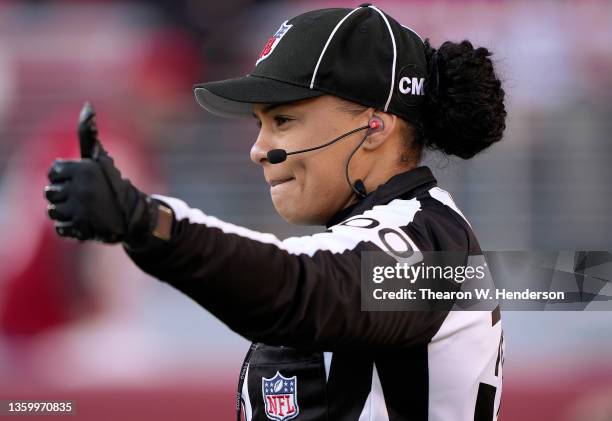 Line Judge Maia Chaka looks on during the action between the Atlanta Falcon and San Francisco 49ers at Levi's Stadium on December 19, 2021 in Santa...