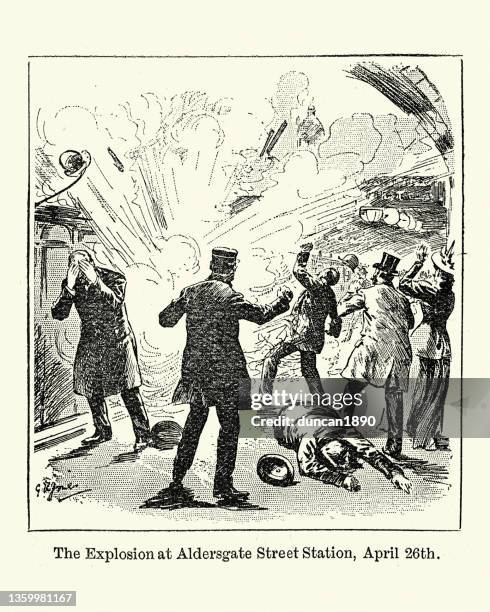 terrorist attack on london underground, 1897 aldersgate street station bombing, bomb exploding - terrorist stock illustrations