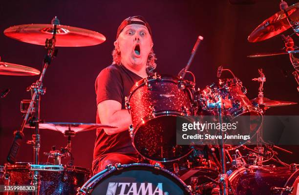 Lars Ulrich of Metallica performs on Metallica's 40th Anniversary concert at Chase Center on December 19, 2021 in San Francisco, California.