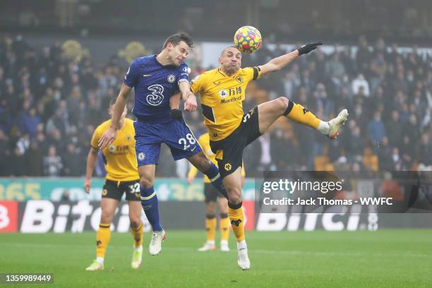 Marcal of Wolverhampton Wanderers battles for possession against Cesar Azpilicueta of Chelsea during the Premier League match between Wolverhampton...