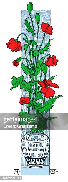 floral ornament with corn poppy in vase decorative art nouveau 1896 - poppies in vase stock illustrations