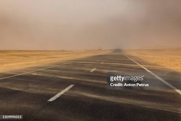 sand storm over the road in the desert. strong wind and dust clouds on the road - wüstenstraße stock-fotos und bilder
