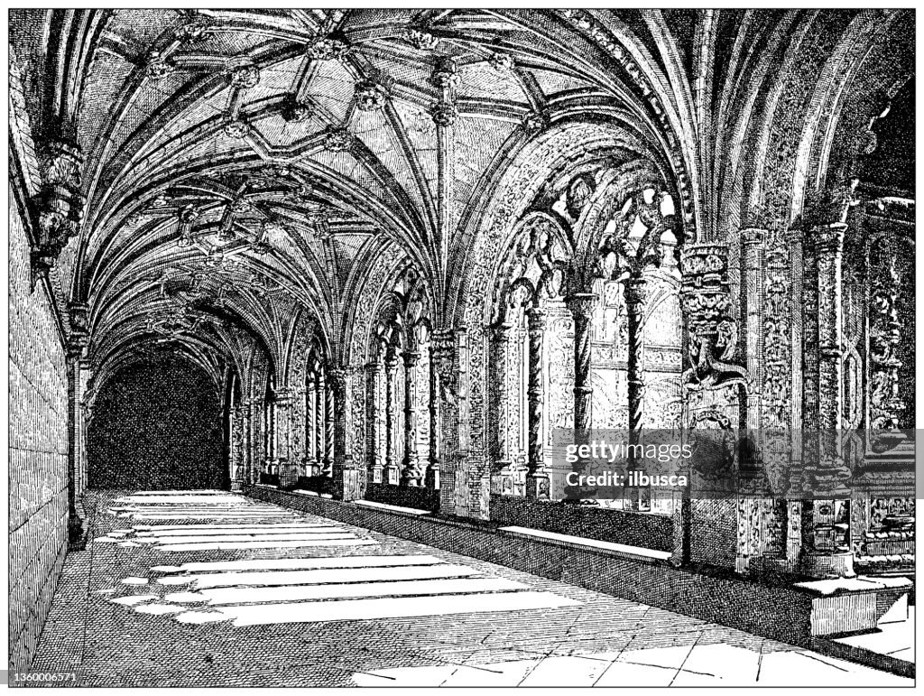 Antique illustration: Jerónimos Monastery, Belem, Portugal
