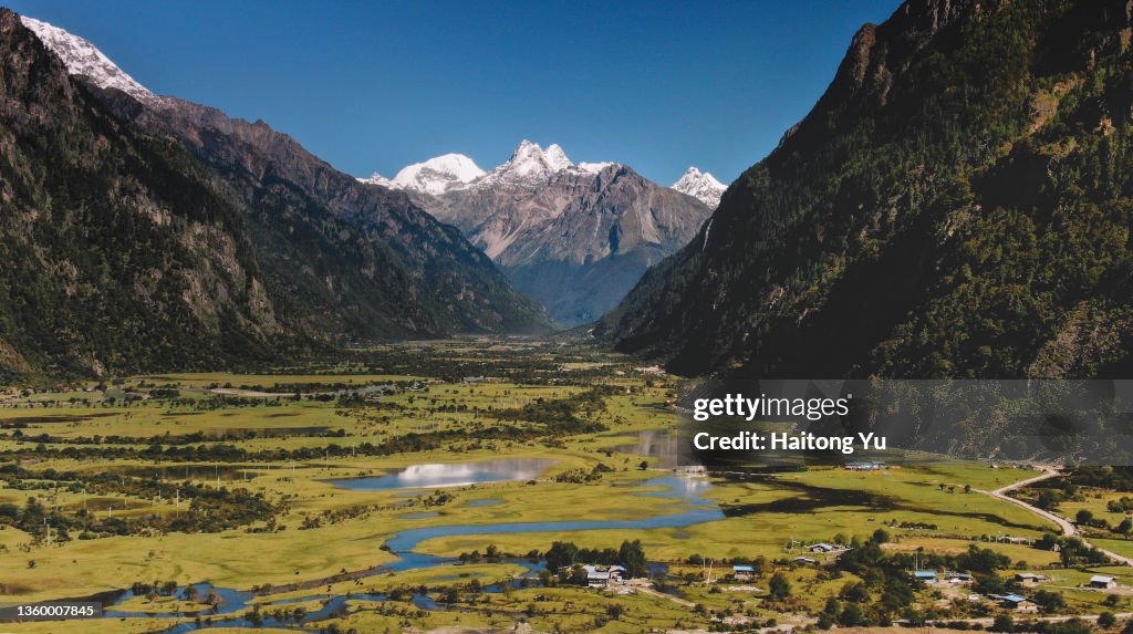 Tibetan mountains reflected in wetlands