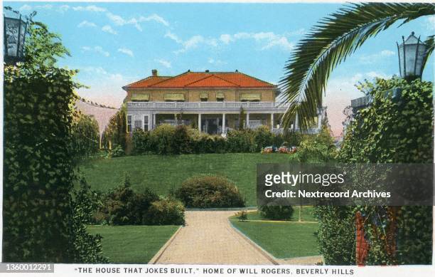 Vintage souvenir postcard published ca 1927 from the Homes of Movie Stars in California series, depicting bungalows, mansions and grand estates of...