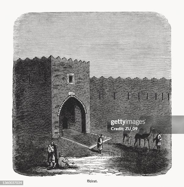 ilustrações, clipart, desenhos animados e ícones de portão da cidade velha em beirute, líbano. gravura de madeira, publicada em 1862 - old beirut