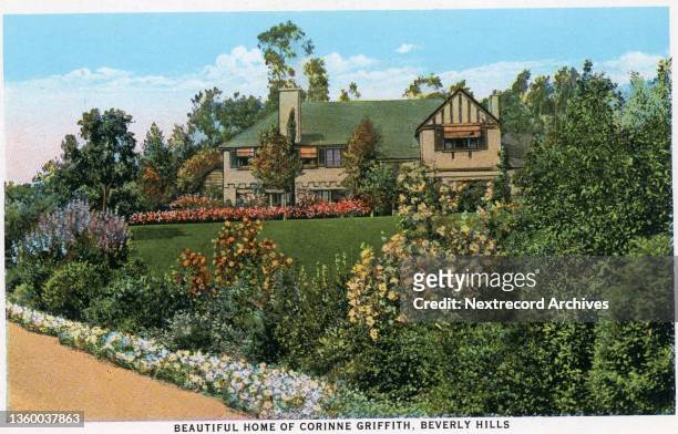 Vintage souvenir postcard published ca 1927 from the Homes of Movie Stars in California series, depicting bungalows, mansions and grand estates of...