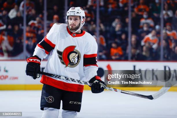 Victor Mete of the Ottawa Senators looks on against the Philadelphia Flyers at Wells Fargo Center on December 18, 2021 in Philadelphia, Pennsylvania.