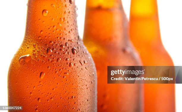 three fresh beer bottle on white background - bottle condensation stock pictures, royalty-free photos & images