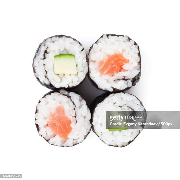 sushi maki with salmon and cucumber - overhead objects bildbanksfoton och bilder
