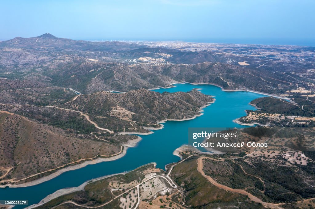 Aerial view of Dipotamos Reservoir. Artificial lake in Cyprus
