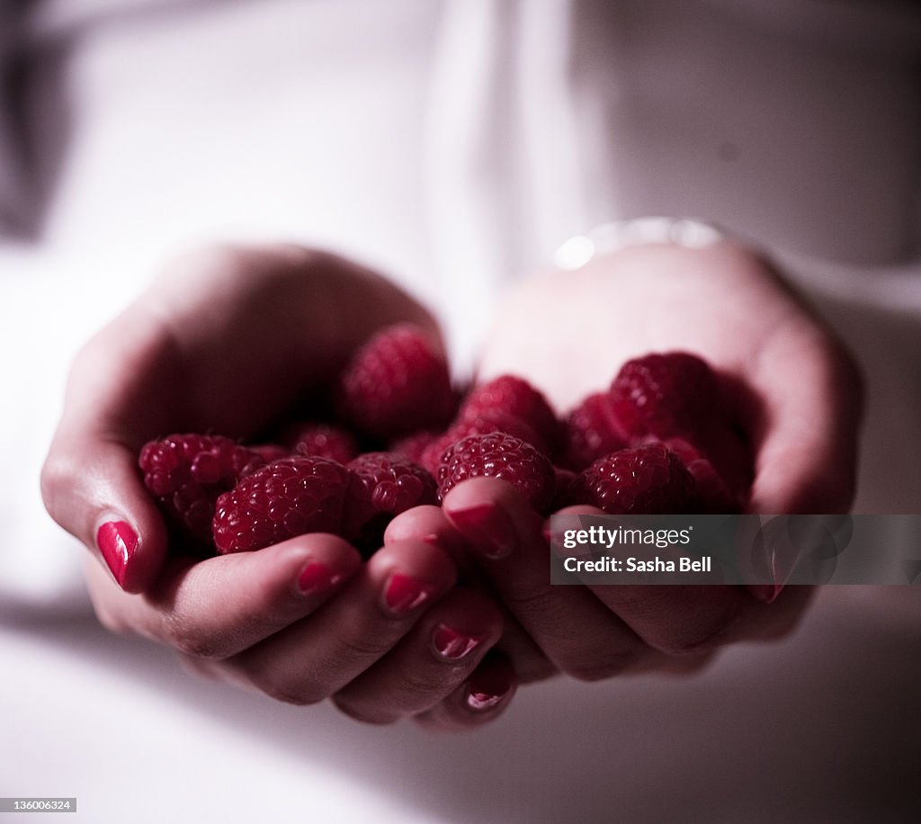 Hands holding raspberries