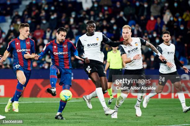 Jose Campana of Levante UD scoring goal during the LaLiga Santander match between Levante UD and Valencia CF at Ciutat de Valencia Stadium on...