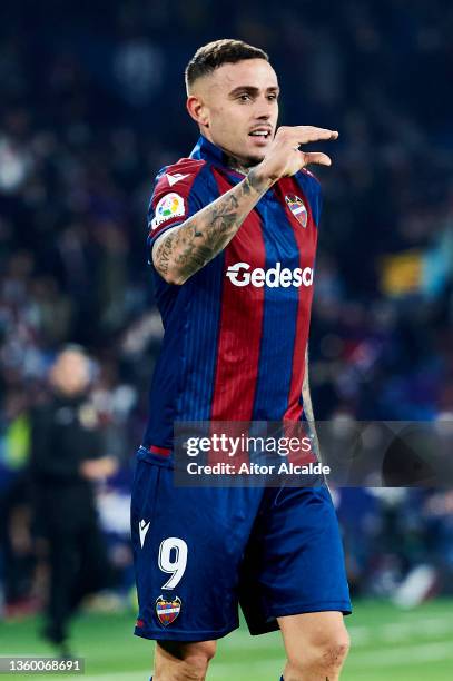 Roger Marti of Levante UD celebrates after scoring his team's second goal during the LaLiga Santander match between Levante UD and Valencia CF at...