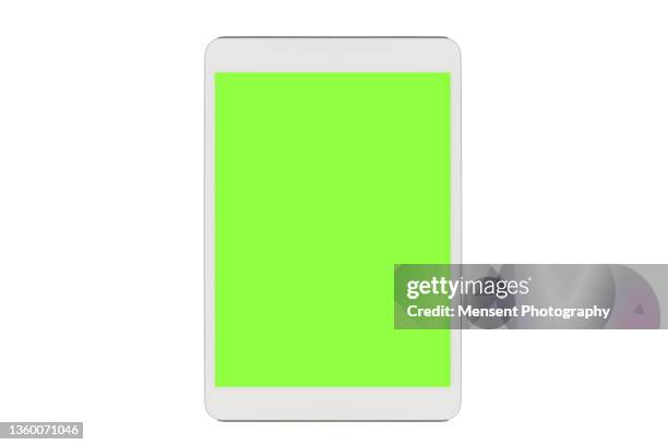 digital tablet mockup with chroma key screen isolated on white background - computer monitor green screen stock pictures, royalty-free photos & images